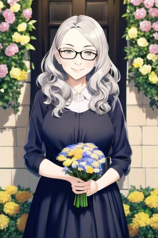 लहरदार बाल, चश्मा, फूल, वृद्ध महिला, पोशाक